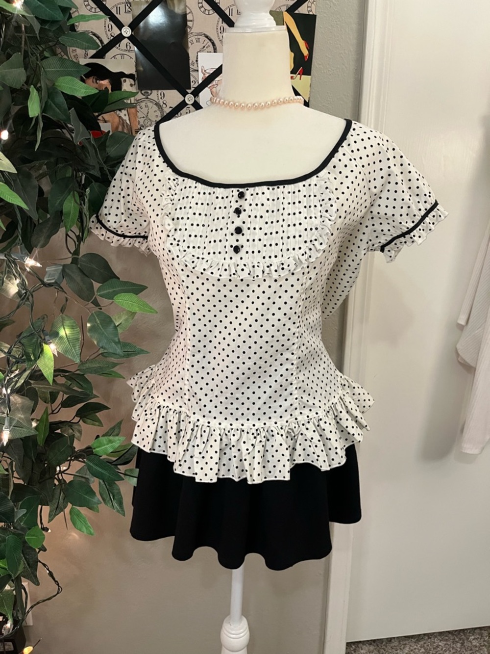 Lip Service White Polka Dot Ruffle Peplum Top with Black Trim